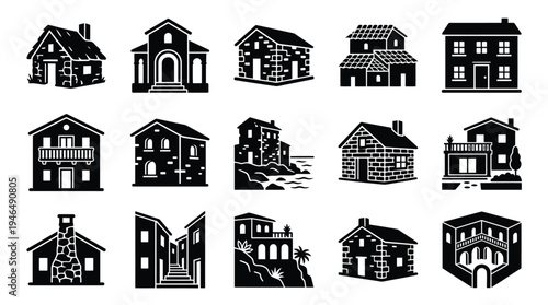 A collection of black and white silhouette icons representing various types of houses and architectural styles, including cottages, villas, and multi-story buildings.