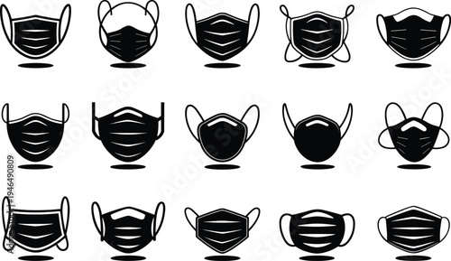 Black Face Mask Icon Set, Various Protective Mask Styles, Medical and Surgical Mask Vector, Health Safety, Pandemic Equipment, EPS IllustrationBlack Face Mask Icon Set, Various Protective Mask Styles