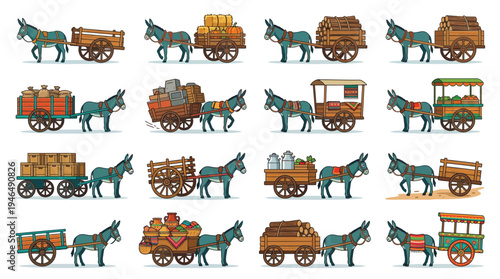 Collection of pixel art illustrations depicting donkeys pulling various types of carts laden with goods.