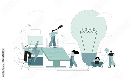An alternative energy source. Energy conservation, energy storage. Solar panels. People use solar energy.eps