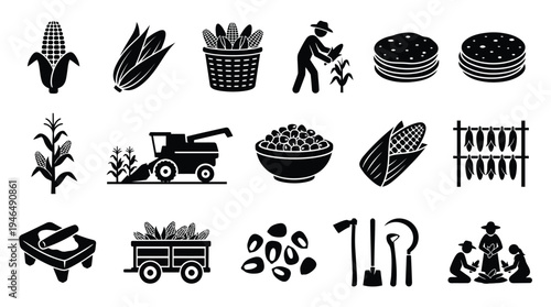 Collection of black and white icons representing various aspects of corn cultivation, harvesting, and processing.