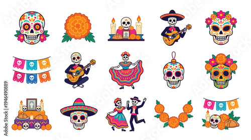 Vibrant Day of the Dead celebration elements featuring sugar skulls, marigolds, skeletons, and traditional Mexican dancers.