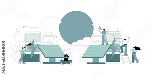 An alternative energy source. Solar panels. People use solar energy. Energy conservation, energy storage.eps