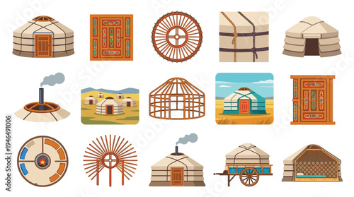 Collection of illustrations depicting various aspects of yurts, including their structure, components, and surrounding landscapes.