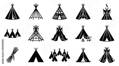 Collection of various tipi and wigwam dwelling illustrations, including bundles of wood and small groups of tents.
