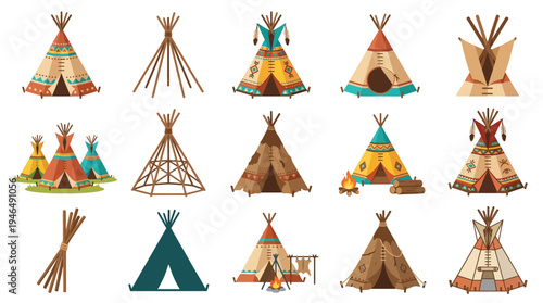 Collection of diverse Native American teepee designs, showcasing traditional and decorative elements, set against a white background.