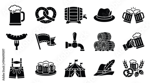 A collection of black and white icons representing elements of Oktoberfest, including beer mugs, pretzels, barrels, hats, sausages, and tents.