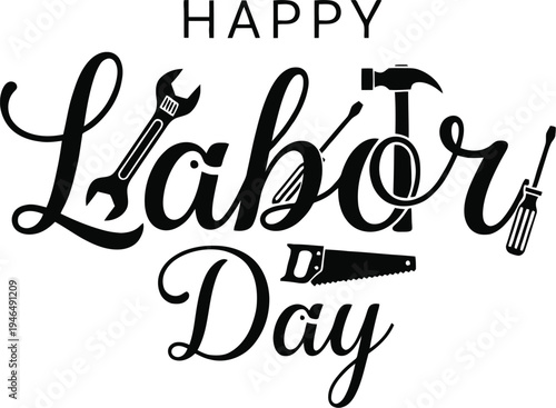 Stylized black and white typography celebrating labor day with integrated worker tools isolated on white background / transparent