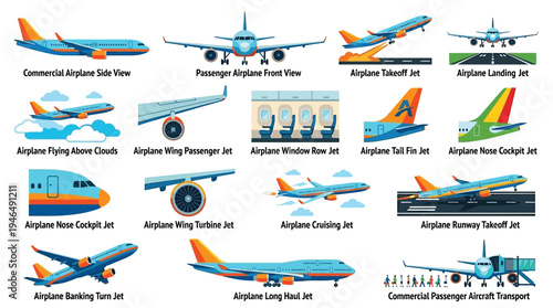 Collection of various airplane types and components, illustrating commercial, passenger, and jet aircraft in different flight phases and close-ups of parts.