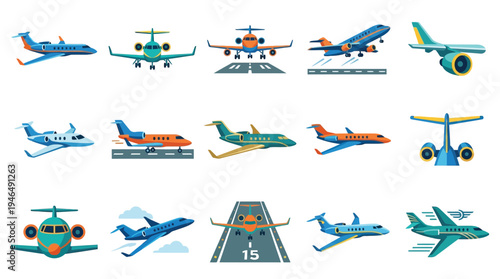 Collection of various private jets and airplanes in different poses and on runways, illustrating air travel and aviation.