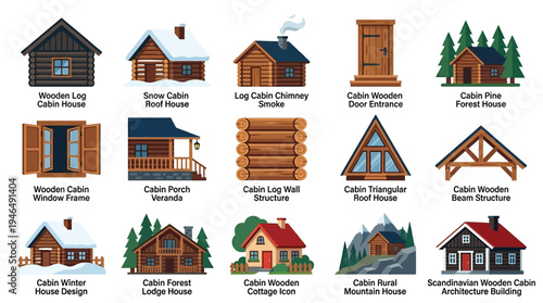 Collection of various cabin designs and architectural elements, showcasing different styles and construction methods for wooden houses.