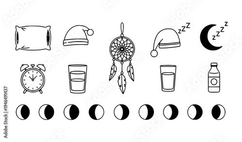 Bedtime Wellness Icons Moon Phases Pillow Dreamcatcher Vector Pack