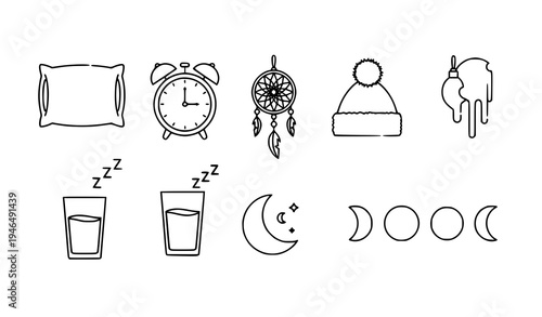 Night Sleep Lifestyle Icons Moon Pillow Alarm Wellness Vector Set