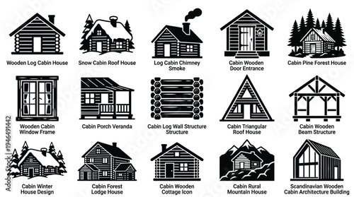 Collection of 15 detailed black and white illustrations of various cabin styles and architectural elements, set against a white background.