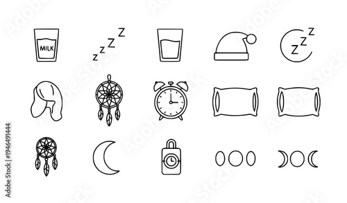 Sleep Routine Line Icons Bedtime Wellness Moon Pillow Vector Set