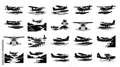 Collection of black and white illustrations depicting various seaplanes in different settings, including water landings and takeoffs.