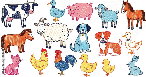 Colorful scribbled doodle set of rural livestock and pets