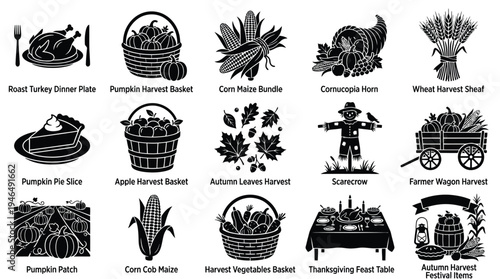A collection of 15 black and white icons representing various elements of the autumn harvest and Thanksgiving celebration.