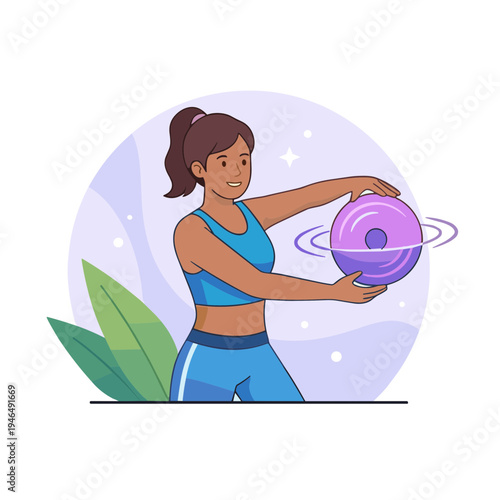 Woman exercising with fitness ball in gym environment actively outdoors