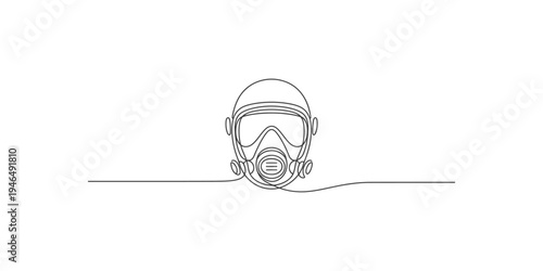 Continuous line drawing of a gas mask with filter and hose respirator breathing protective gear
