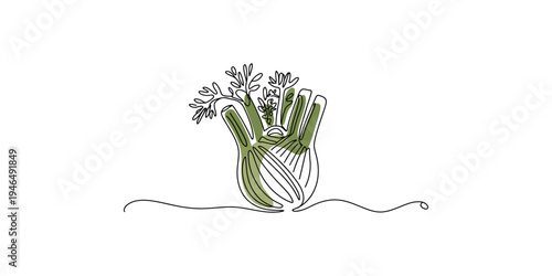 One line drawing of a bunch of green onions with leafy tops continuous single art