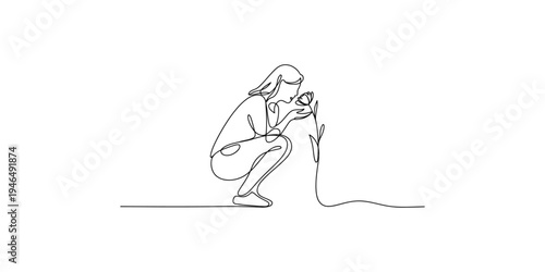 Woman crouching and touching a flower in a one-line drawing style one line single art