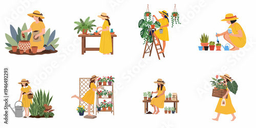 Set of illustrations featuring a young woman in a yellow dress and straw hat gardening, planting, and caring for various indoor and outdoor plants.