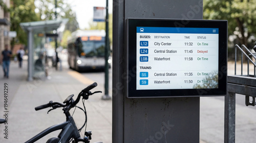 Foto Digital interface showing transit time-tables for public transportation near a b