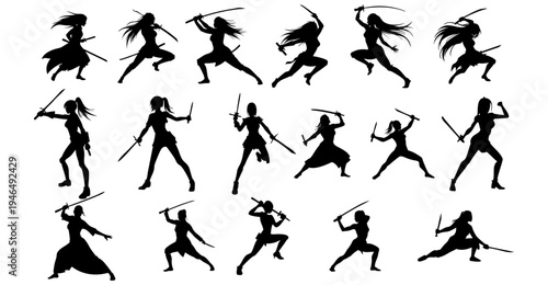 Silhouettes of a woman in various martial arts poses with a sword