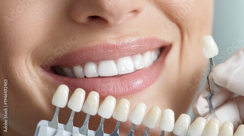 A close-up of a smile showing perfect teeth alongside dental shade guides for cosmetic dentistry choices and tooth whitening options for a brighter smile. Generative AI