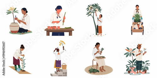Flat illustration set of diverse women performing various gardening and horticultural tasks including pruning, planting, and plant inspection in a minimalist style.