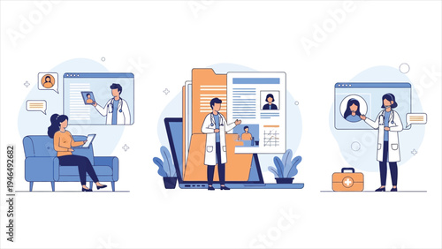  Telemedicine and Electronic Health Records Illustration Online Doctor Consultation & Digital Medical Data Set