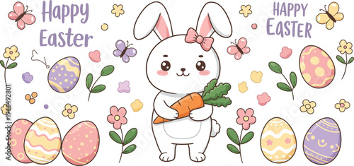 Happy cartoon Easter bunny rabbit sitting in spring green grass with colorful decorated eggs and flowers for a cute holiday celebration greeting card vector illustration art