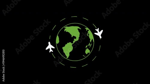 Plane and globe. Aircraft flying around Earth planet with continents and oceans loop Animation video transparent background with alpha channel