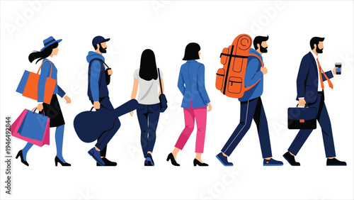 Urban Commuters, Shoppers, and Professionals in a Modern Flat Vector Style