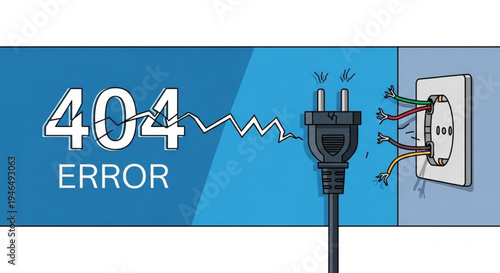 404 Error page design concept with broken electric plug and socket illustration.