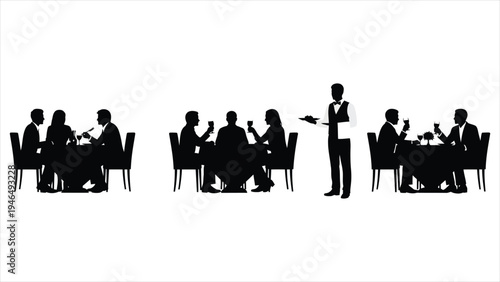 A long black silhouette row of restaurant patrons at tables drinking wine and being served by a waiter on a white background