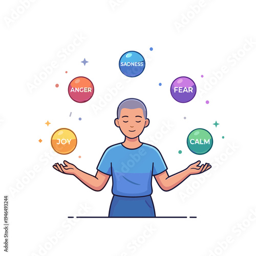 A man juggles various emotions like anger, joy, fear, calmness, and sadness.