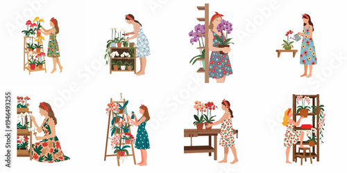 Set of flat vector illustrations depicting women and girls caring for various colorful orchid plants in pots, watering, pruning, and arranging them on shelves.