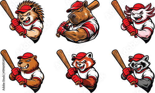 Cute Baseball Animal Characters Holding Bat Cartoon Sports Vector Illustration Set