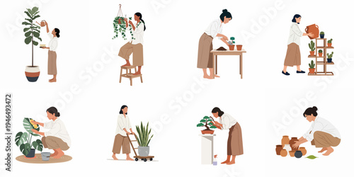 Minimalist vector illustration set of a woman caring for various indoor plants, including watering, potting, pruning, and arranging her home garden.