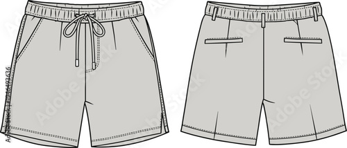 Men’s casual shorts technical flat sketch, elastic waistband with drawstring, front and back pockets vector fashion CAD template.