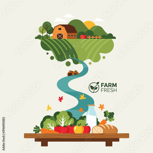 Farm to Table Concept Illustration with Fresh Organic Produce and Rural Landscape