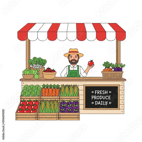 Male farmer at market stall selling fresh organic produce illustration