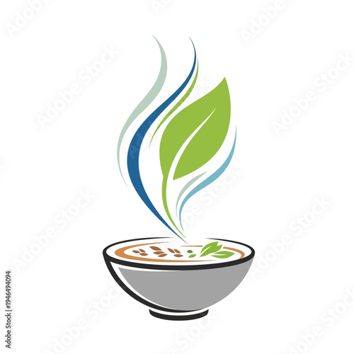 Minimalist Vector Illustration of a Healthy Bowl of Hot Soup with Steam and Green Leaf
