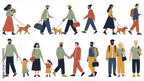 Diverse People Walking Illustration Set Urban Commuters, Families with Kids, and Pet Owners in Modern Flat Vector Style