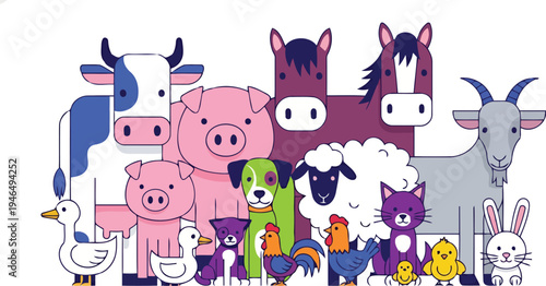 Colorful livestock menagerie standing together modern artwork