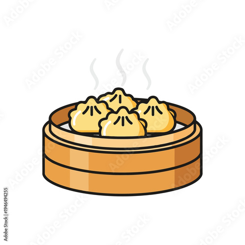 Traditional Dim Sum in Bamboo Steamer Basket Illustration - Asian Food Icon