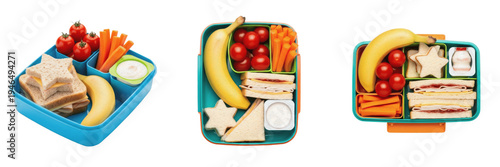 Valokuva Healthy Kids Lunch Box Set with Turkey Sandwiches, Fresh Apple Slices, Strawberr