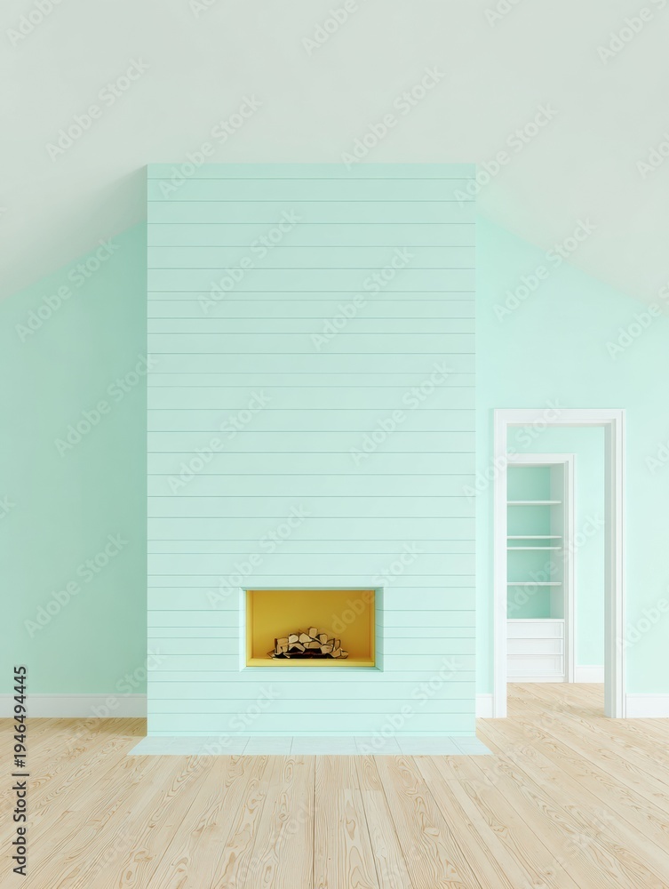 Naklejka premium Spacious Farmhouse Living Room with Mint Green Shiplap Wall and Modern Fireplace featuring Natural Hardwood Floors for Residential Real Estate Marketing
